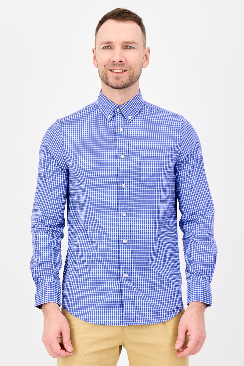 Chaps Men Performance Fit Checkered Long Sleeve Casual Shirt, Blue - Image 1